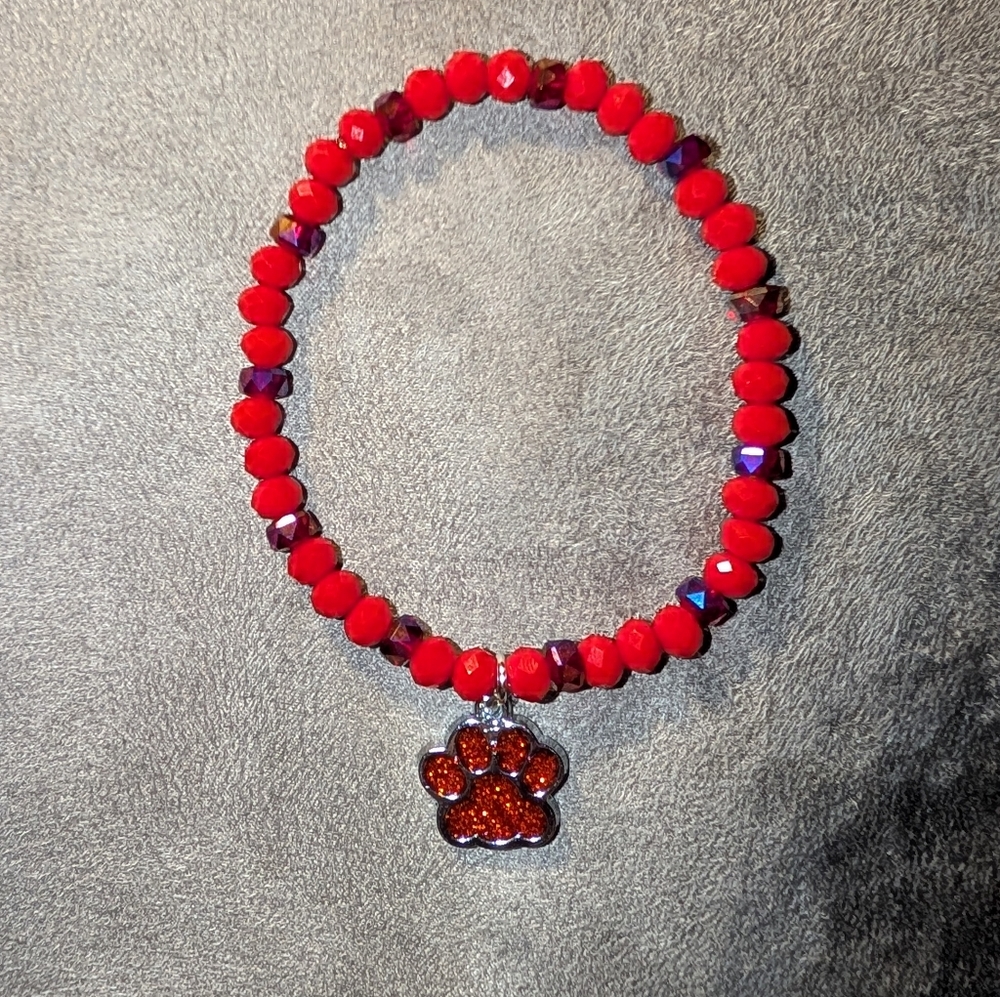 Red Glass Beaded Bracelet with Paw Charm